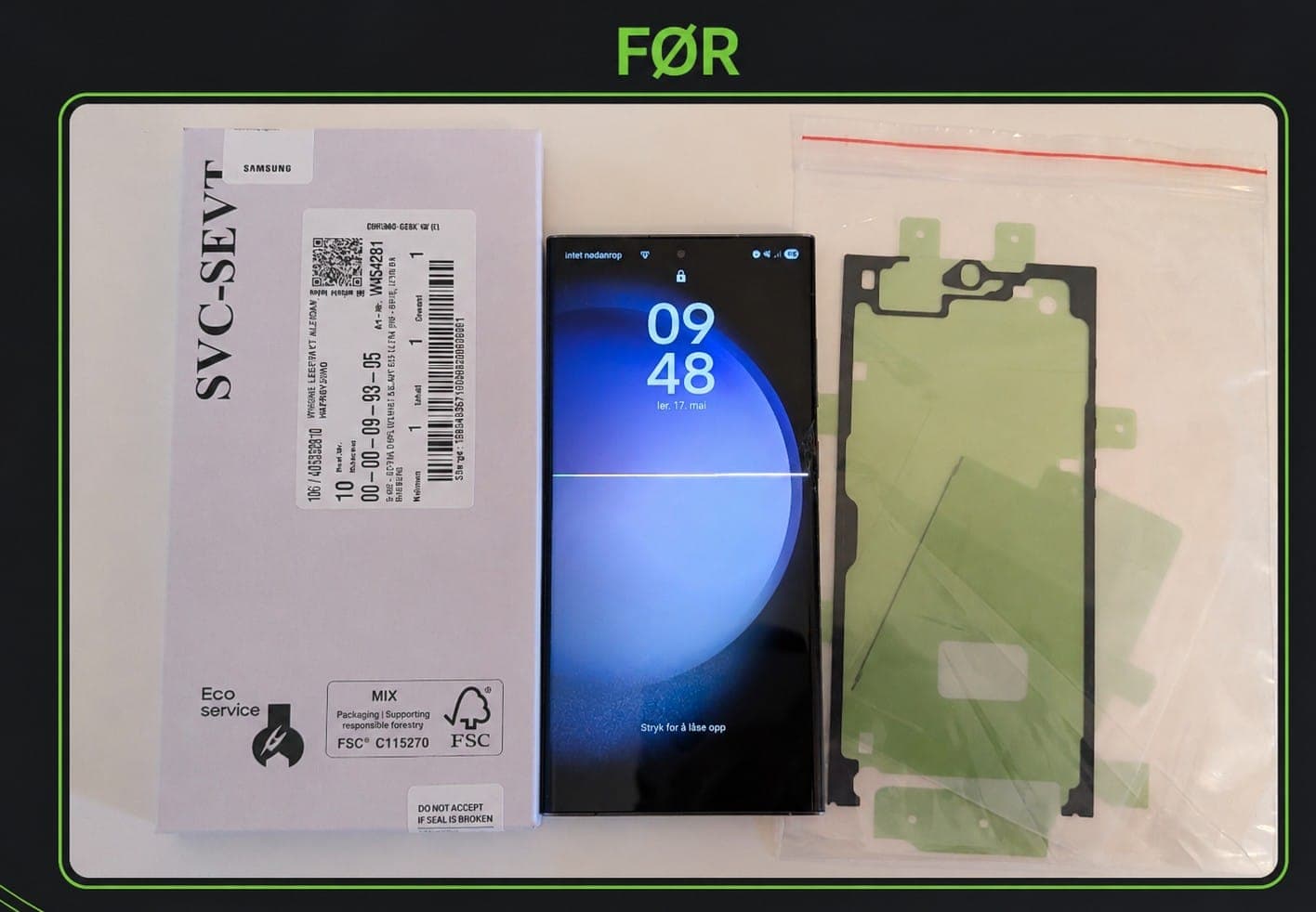 Before: Samsung Galaxy S23 Ultra – Original skjermbytte